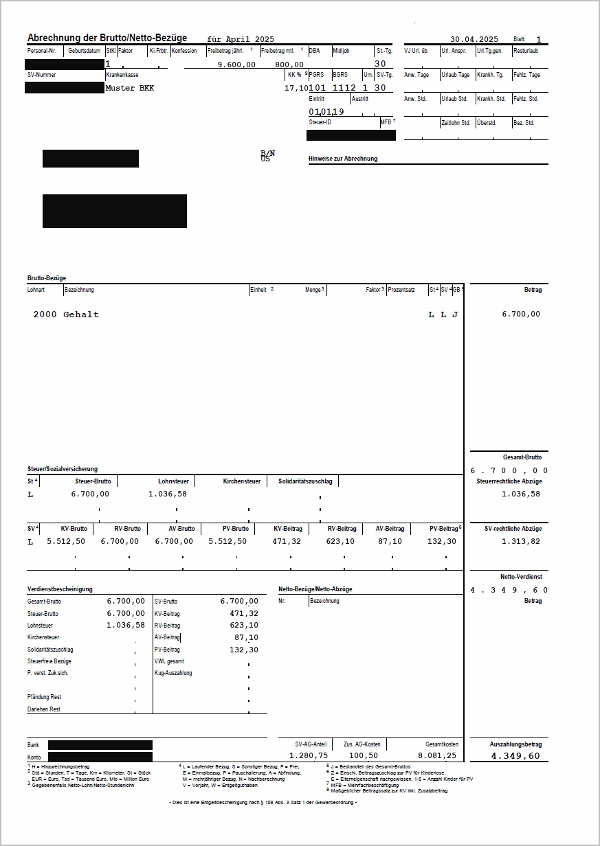 Entgeltabrechnung für April 2025 mit eingetragenem Steuerfreibetrag und Auszahlungsbetrag 4.349,60 Euro (Musterabrechnung, persönliche Daten geschwärzt)